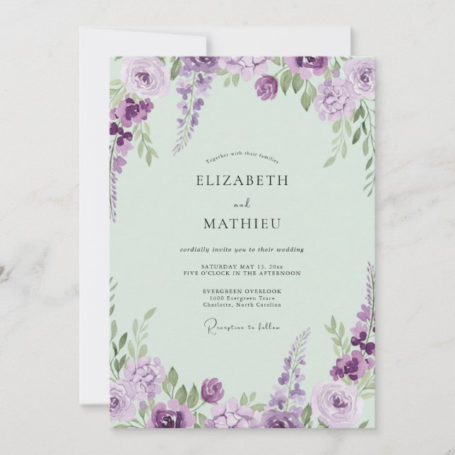 Convites Casamento Pintado com Lavanda Suave e Hortelã (Frente)