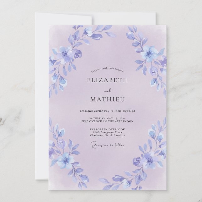 Convites Casamento Pintado com Lilás Poeirento e Periwinkle (Frente)