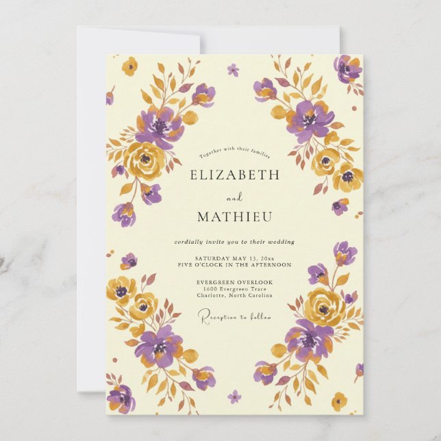 Convites Casamento Pintado com Mostarda Violeta Vintage (Frente)