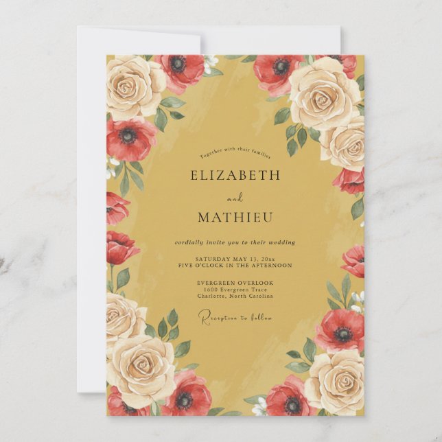 Convites Casamento Pintado com Papoula Mostarda (Frente)