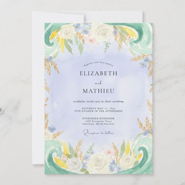 Convites Casamento Pintado com Periwinkle Rústico e Limão (Frente)