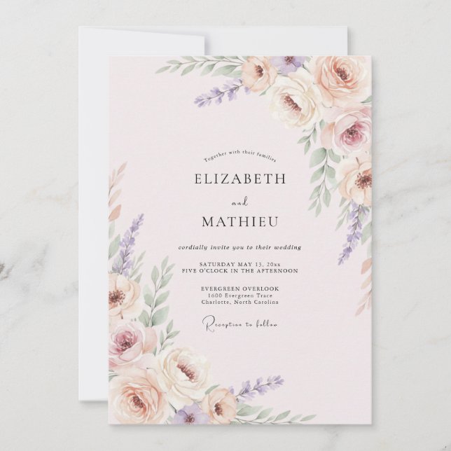 Convites Casamento Pintado com Rosa e Lavanda (Frente)