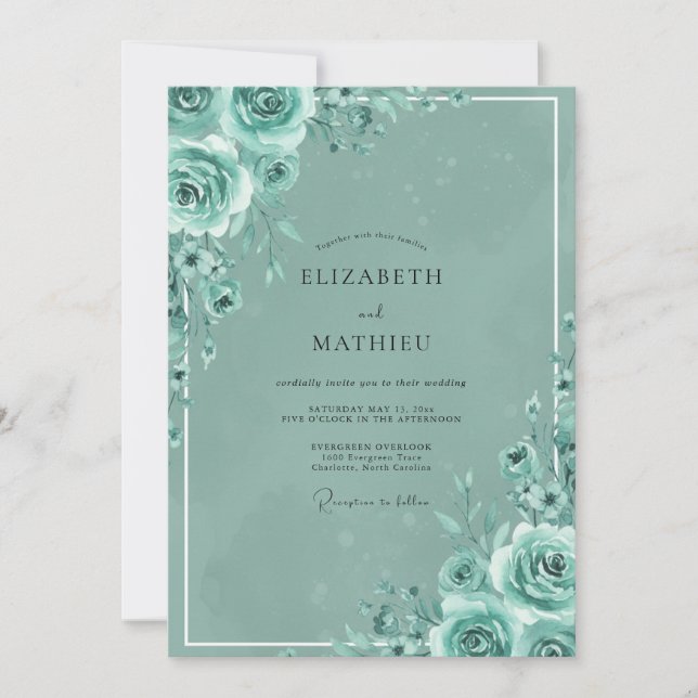 Convites Casamento Pintado com Rosa Verde-água (Frente)