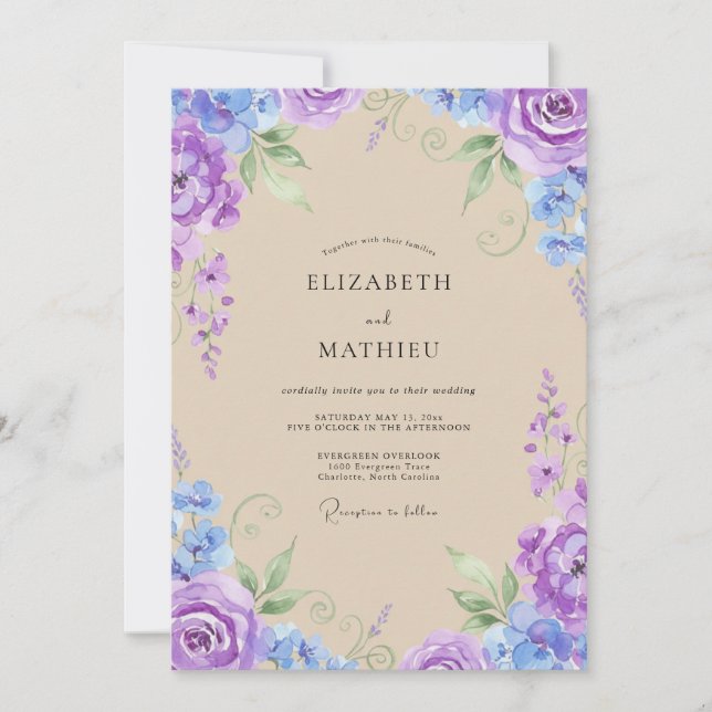 Convites Casamento Pintado com Roxo e Periwinkle (Frente)