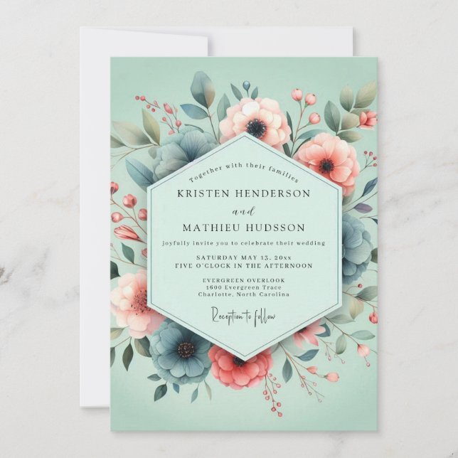 Convites Casamento Pintado com Toque de Rosa e Salvia (Frente)