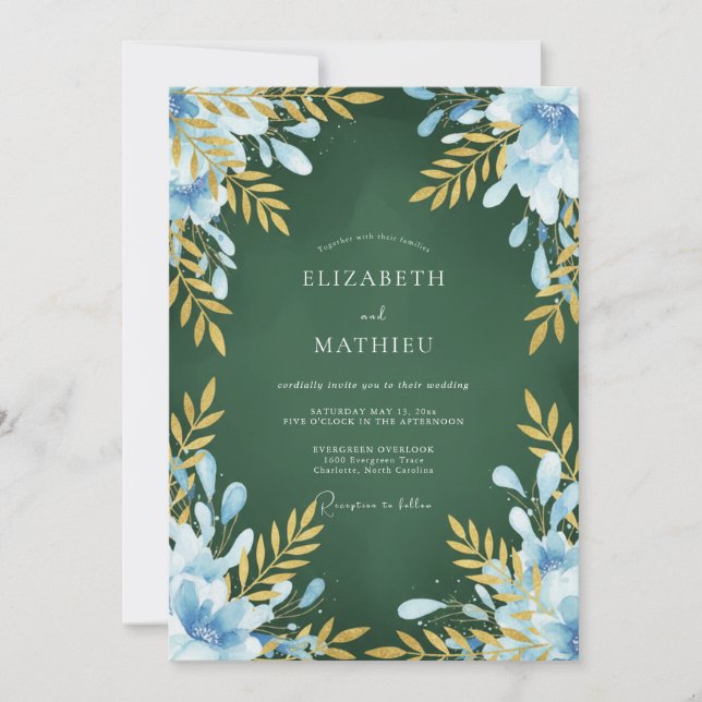 Convites Casamento Pintado de Açafrão Azul-Verde (Frente)