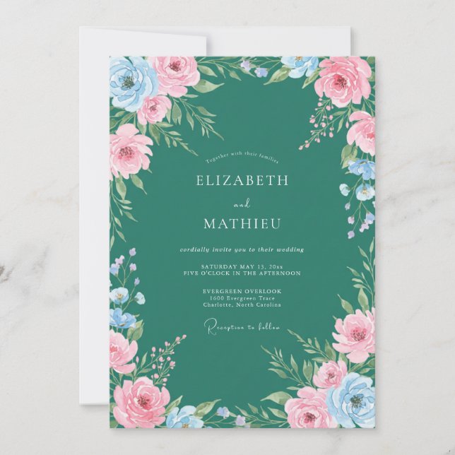 Convites Casamento Pintado de Azul Turquesa e Rosa (Frente)