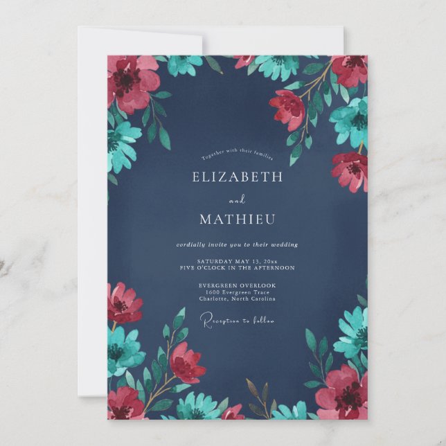 Convites Casamento Pintado de Carmesim e Azul-Teal (Frente)