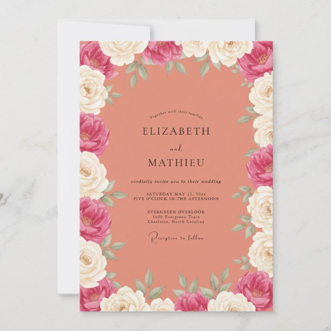 Convites Casamento Pintado de Coral Macio Magenta (Frente)