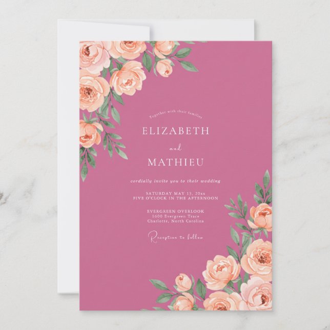 Convites Casamento Pintado de Coral Magenta (Frente)