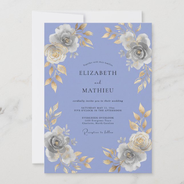 Convites Casamento Pintado de Dourado e Periwinkle (Frente)