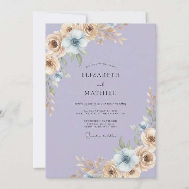 Convites Casamento Pintado de Lavanda e Champanhe (Frente)