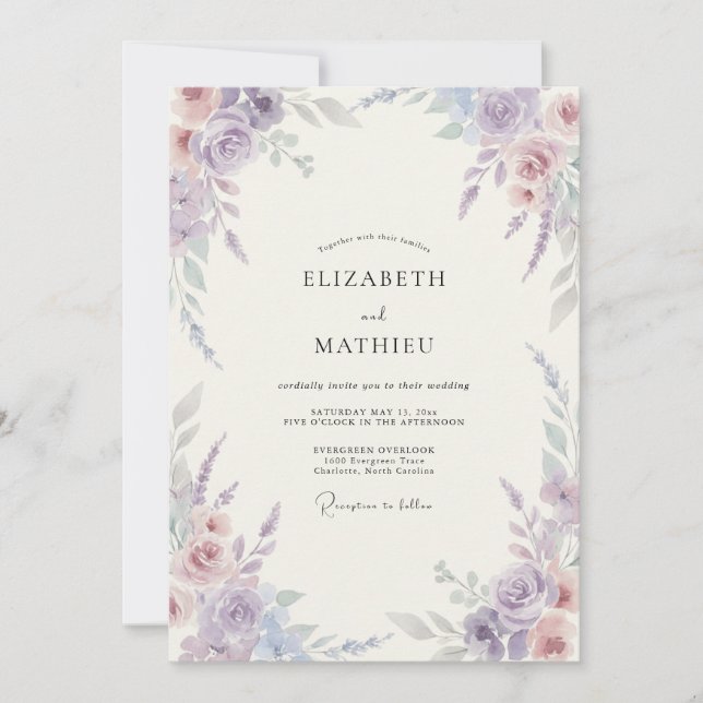 Convites Casamento Pintado de Lavanda Suave e Azul-marinho (Frente)