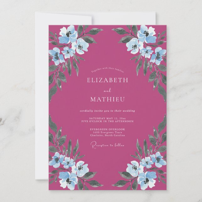 Convites Casamento Pintado de Magenta e Periwinkle (Frente)