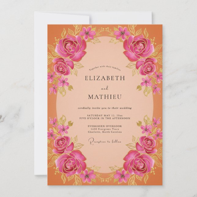 Convites Casamento Pintado de Magenta Rosa Bege (Frente)