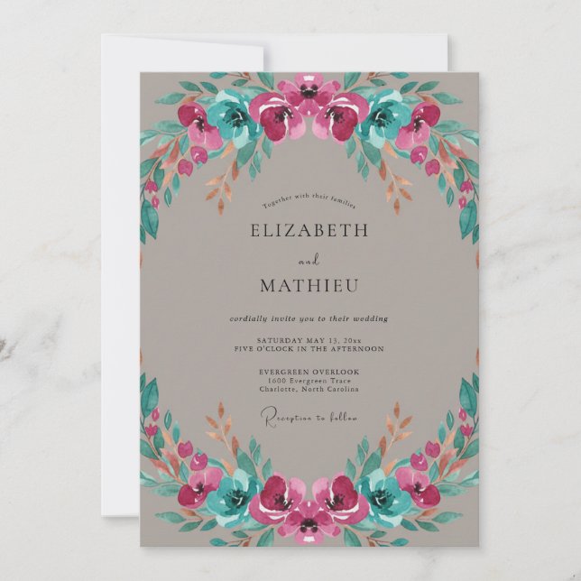 Convites Casamento Pintado de Magenta Taupe Teal (Frente)