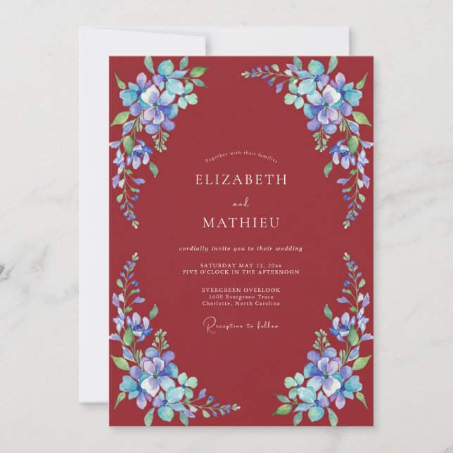 Convites Casamento Pintado de Marrom-Vermelho e Periwinkle (Frente)