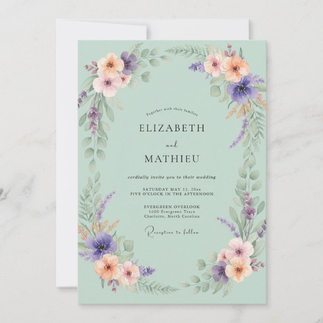 Convites Casamento Pintado de Rosa-Pêssego e Periwinkle Esp (Frente)