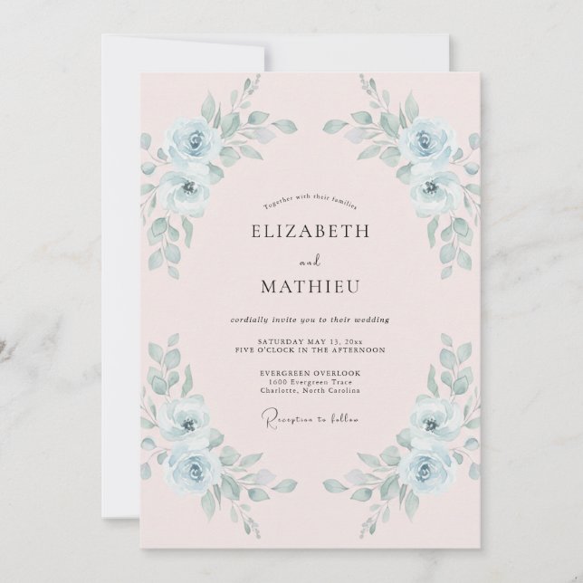 Convites Casamento Pintado de Rosa Suave Celeste (Frente)