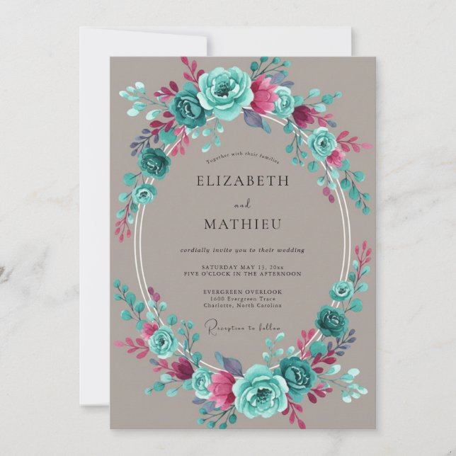 Convites Casamento Pintado de Teal Magenta (Frente)