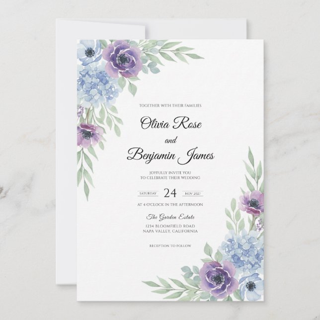 Convites Casamento Pintado de Violeta e Periwinkle (Frente)