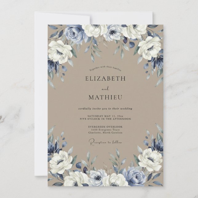 Convites Casamento Pintado Elegante Bege Periwinkle (Frente)
