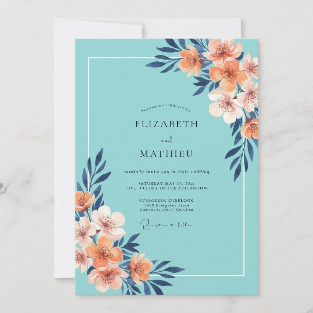 Convites Casamento Pintado em Aqua Coral (Frente)