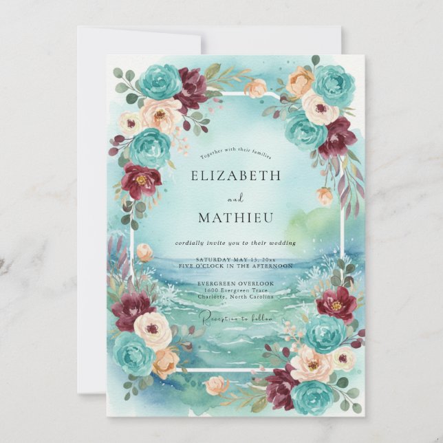 Convites Casamento Pintado em Aqua Vintage e Ameixa (Frente)