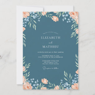 Convites Casamento Pintado em Azul Aço e Pêssego