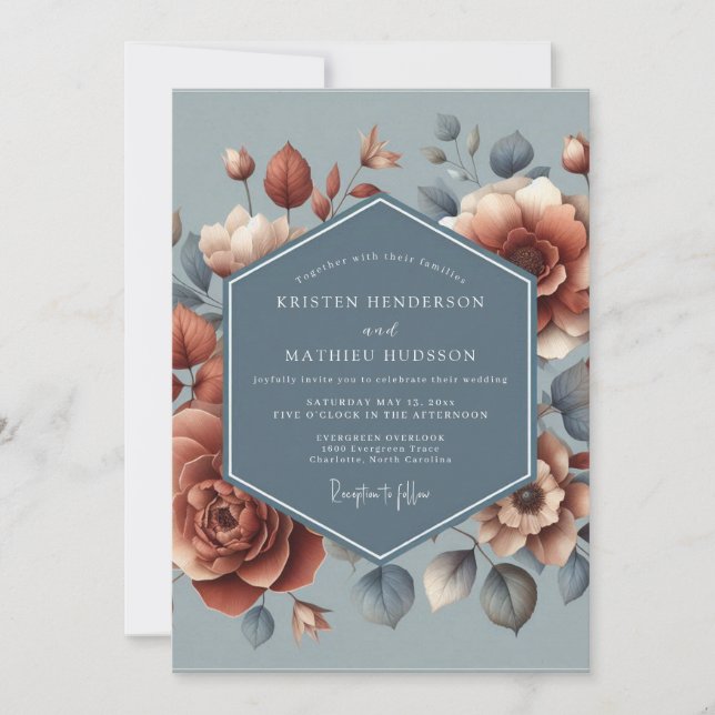 Convites Casamento Pintado em Azul Ardesia e Ferrugem (Frente)