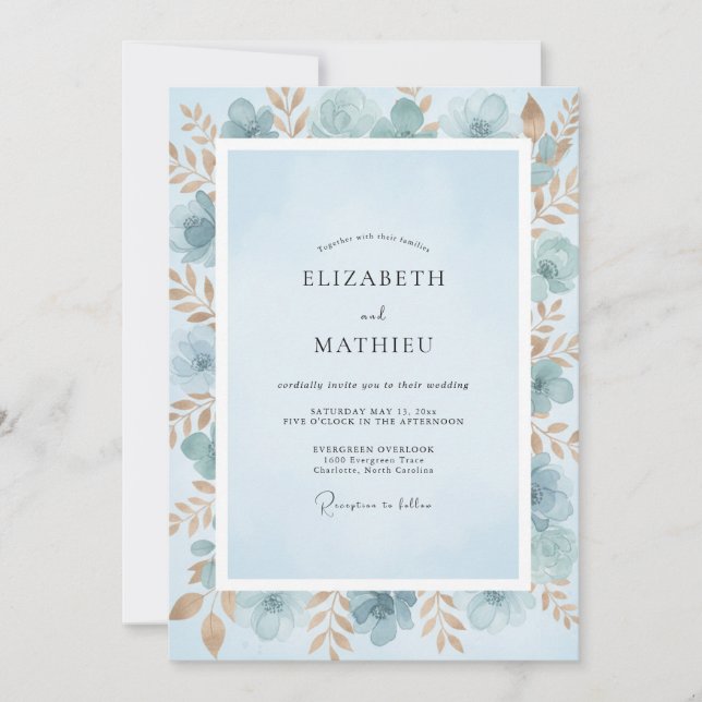 Convites Casamento Pintado em Azul Azure Dourado (Frente)