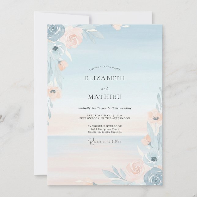 Convites Casamento Pintado em Azul Claro e Damasco (Frente)