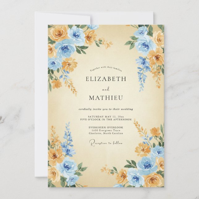 Convites Casamento Pintado em Azul Claro e Mel (Frente)