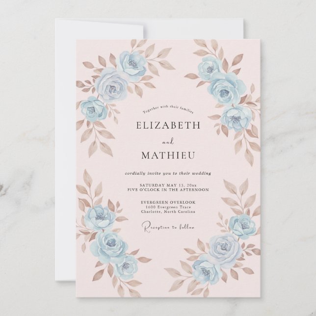 Convites Casamento Pintado em Azul Claro Rosa Pálido (Frente)
