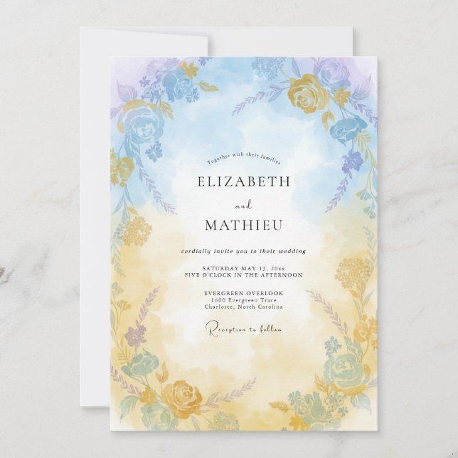 Convites Casamento Pintado em Azul Suave Dourado (Frente)