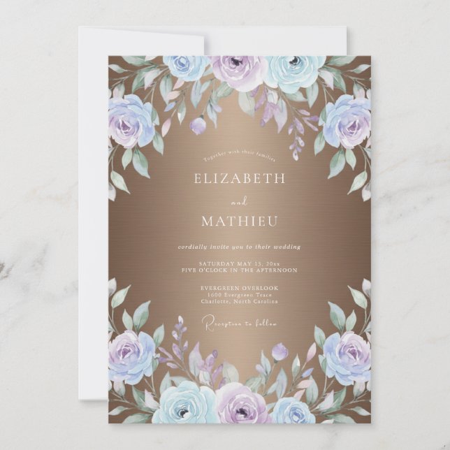 Convites Casamento Pintado em Bronze e Periwinkle (Frente)