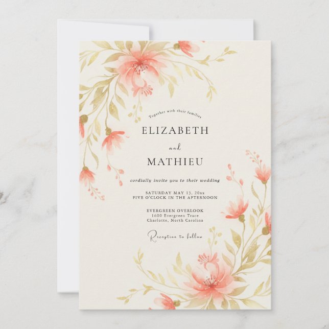 Convites Casamento Pintado em Coral Dourado (Frente)