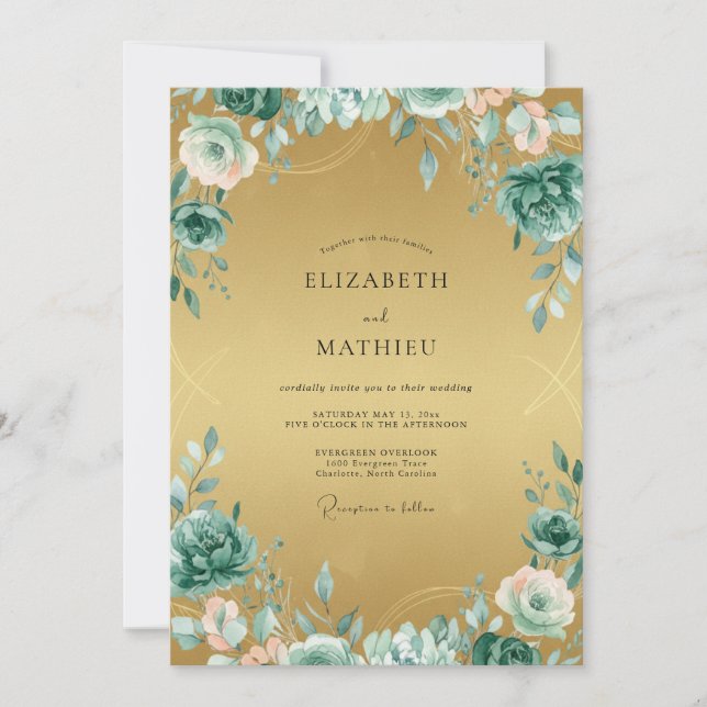 Convites Casamento Pintado em Dourado Aqua (Frente)