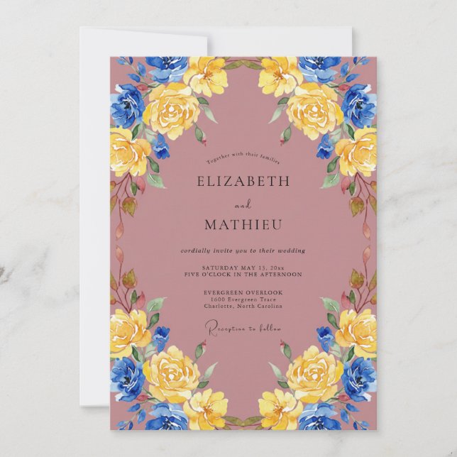 Convites Casamento Pintado em Dourado Cobalto Rosa-Malva (Frente)
