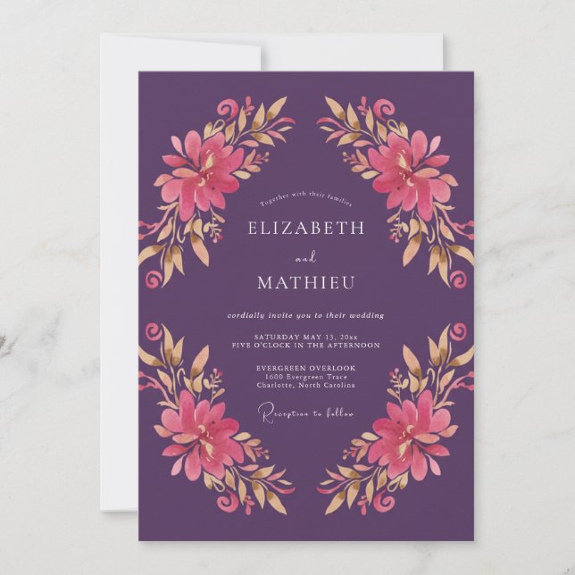 Convites Casamento Pintado em Dourado e Ameixa Quente (Frente)