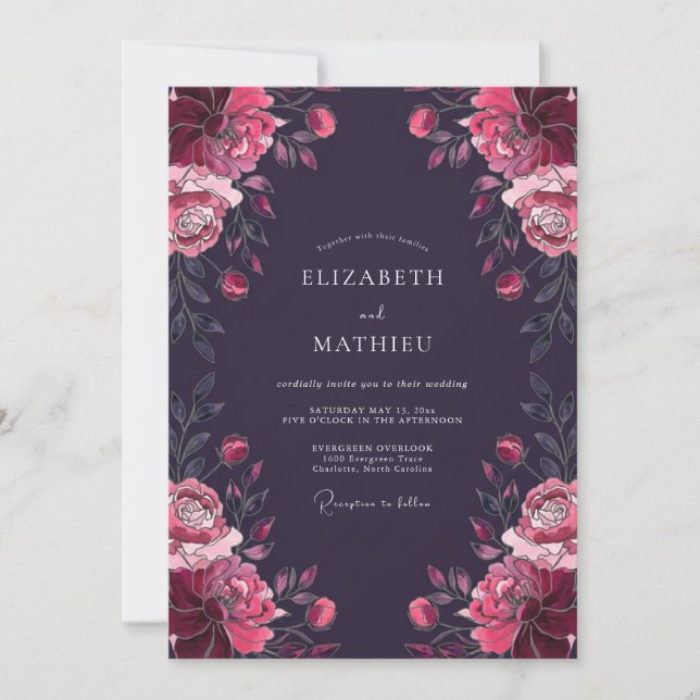 Convites Casamento Pintado em Magenta Ameixa Elegante (Frente)