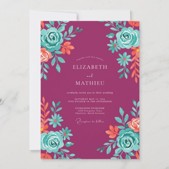 Convites Casamento Pintado em Magenta Celestial Aqua (Frente)