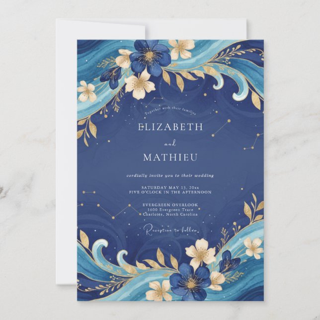 Convites Casamento Pintado em Ouro Safira (Frente)