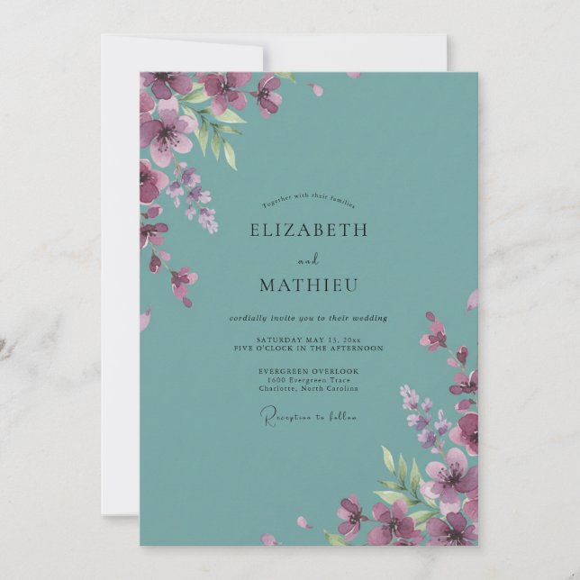 Convites Casamento Pintado em Plum Teal Empoeirado (Frente)