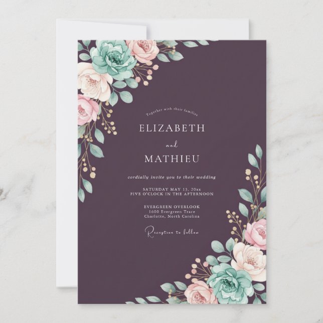 Convites Casamento Pintado em Teal Ameixa (Frente)
