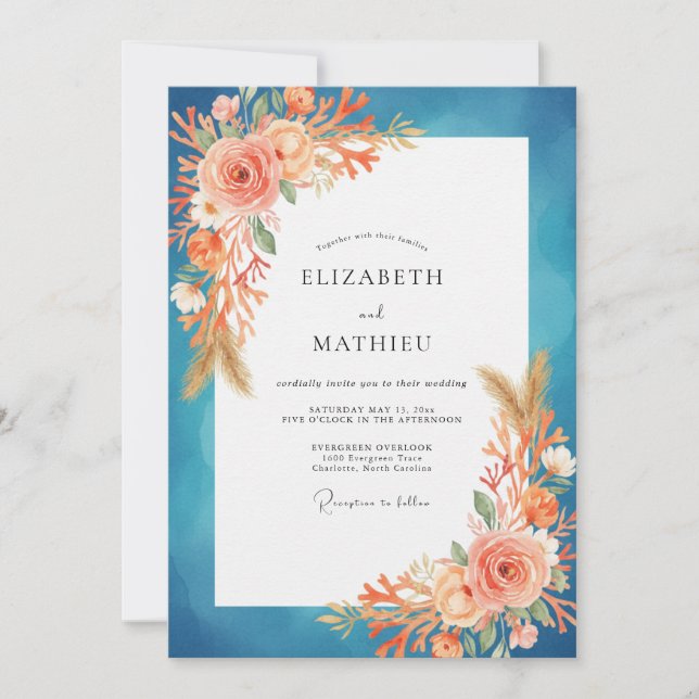 Convites Casamento Pintado em Teal e Damasco (Frente)