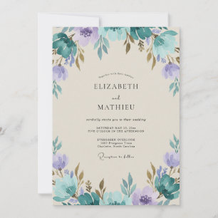 Convites Casamento Pintado em Verde-Azul Vintage Violeta