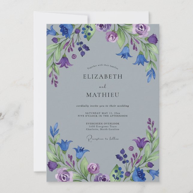 Convites Casamento Pintado Jardim Índigo Violeta (Frente)