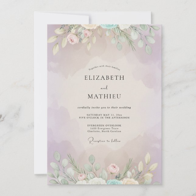 Convites Casamento Pintado Lilás e Menta (Frente)