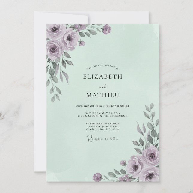 Convites Casamento Pintado Lilás Pálido Menta (Frente)